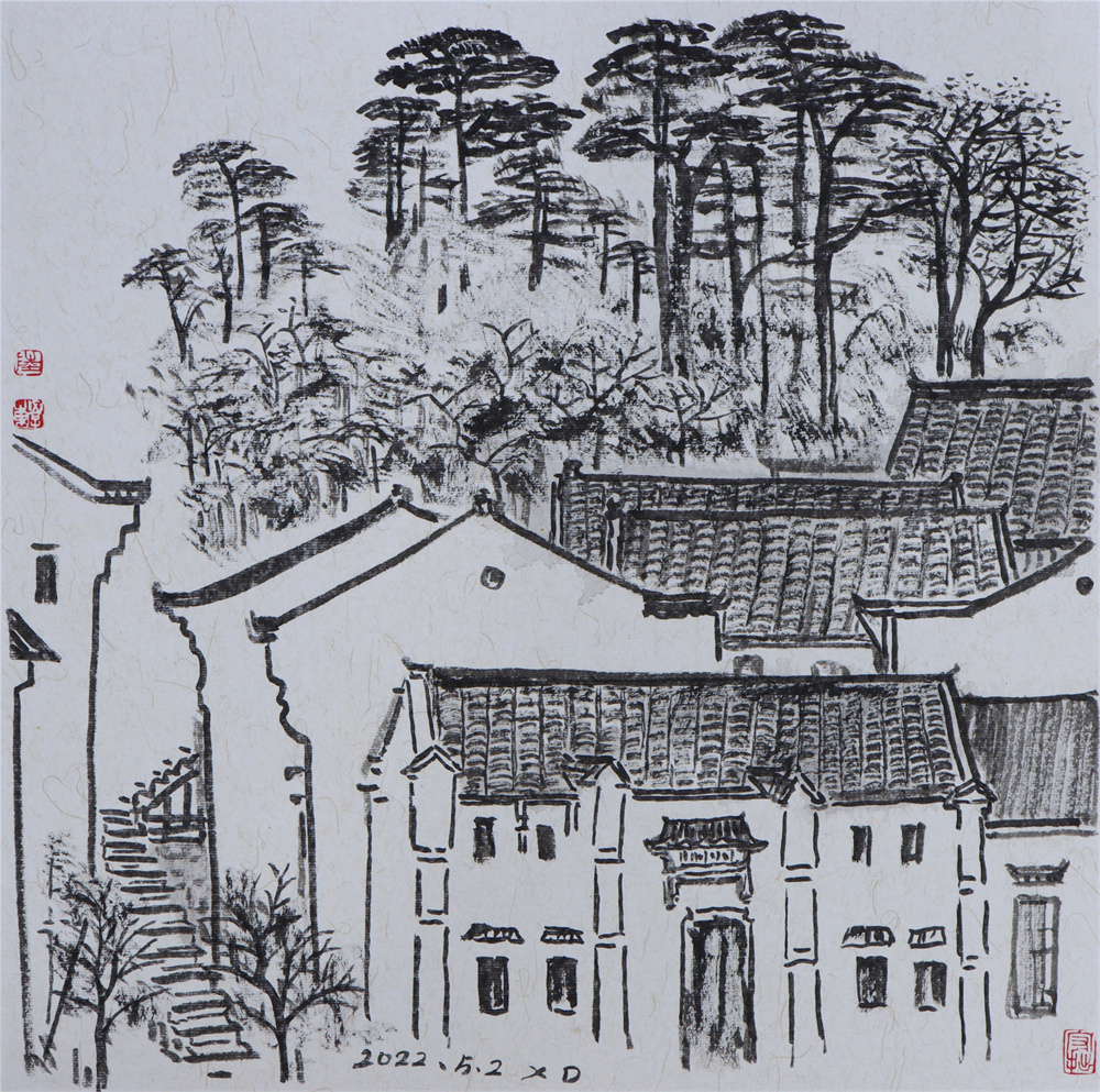 《九华山老街》卡纸水墨 44×44cm 2022年