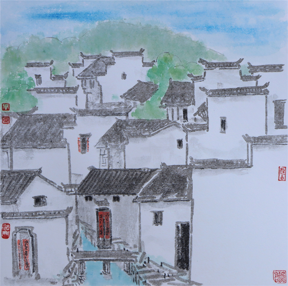 《查济古村落》卡纸设色 44×44cm 2021年 (2)
