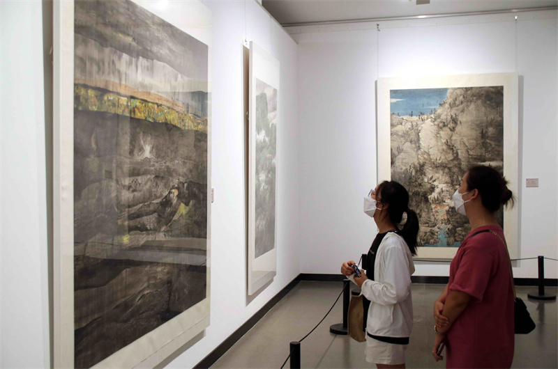 8月13日，观众在沈建林中国画作品展上参观。