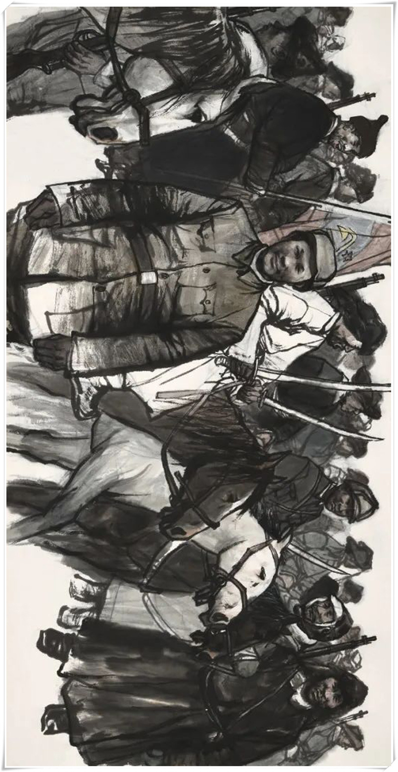 中国画纸本《内蒙红色百年·骑兵团》150cm×300cm