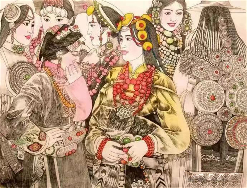 《藏族姐妹》凹版手彩 50×80cm 全国十四届版画展