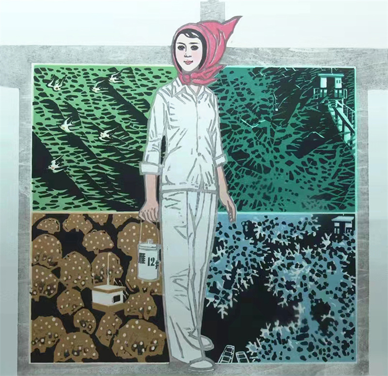 《采油姑娘》木版水印 50×50cm 1990年