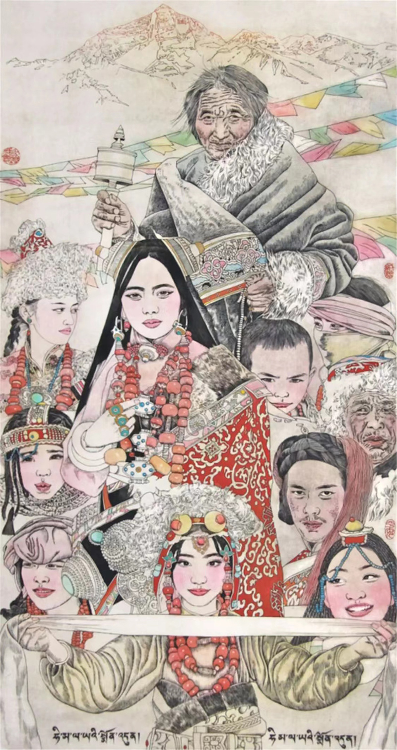 《喜马拉雅的祝愿》138×64cm 2005年 深圳关山月美术馆全国画院版画展。深圳观澜中国版画博物馆继往开来全国版画精品展