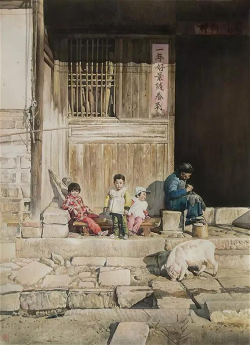 《阳光下的老屋》水彩画 107×57cm 2005年 中国美术馆，北辰集团书画展