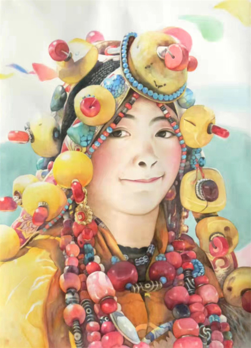 《玉树藏族女孩》水彩画 90×70cm 2005年 韩国釜山美术馆亚洲水彩画大展，应邀出席开幕式