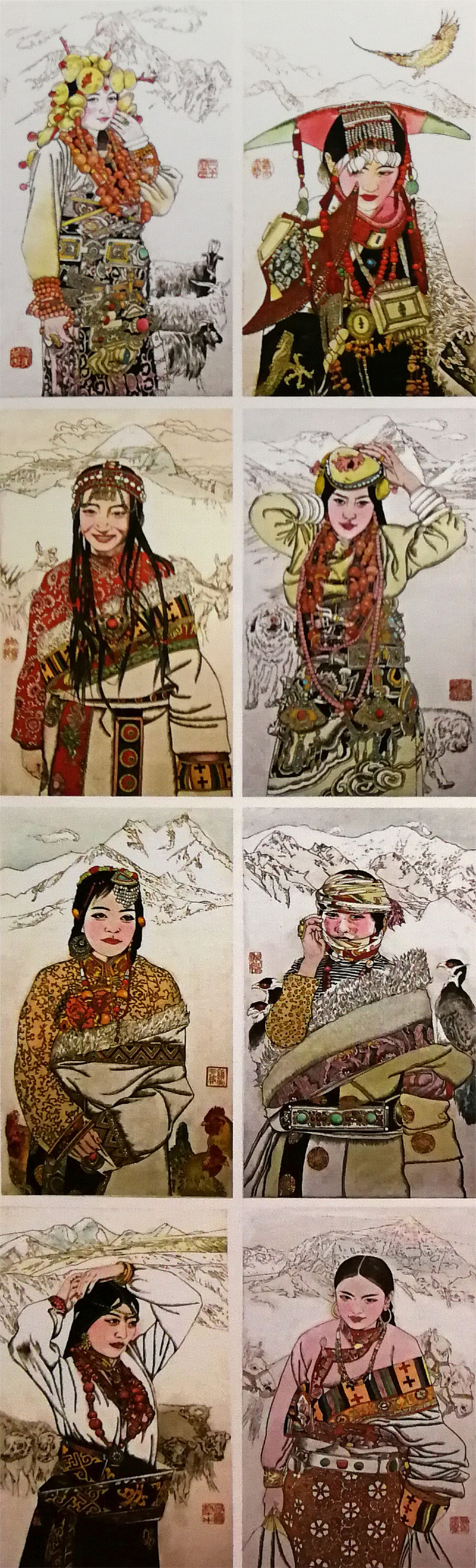 《俊美的藏族姑娘》凹版手彩 180×55cm 全国二十一届版画展