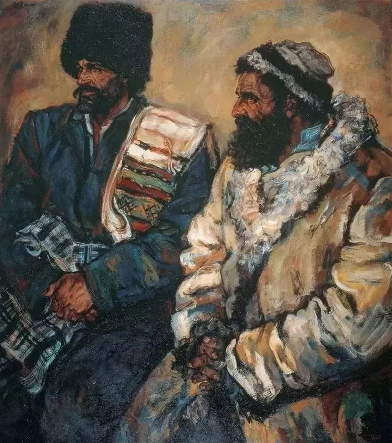 《两个维吾尔族老人》布面油彩 120cm×110cm 1989年