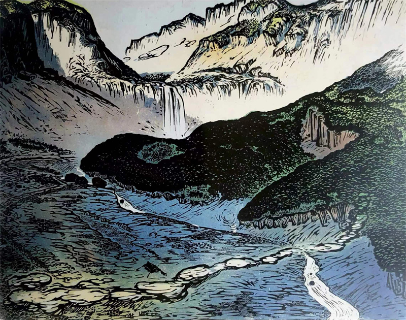 《松江之源》40×55cm 套色木刻 1982年