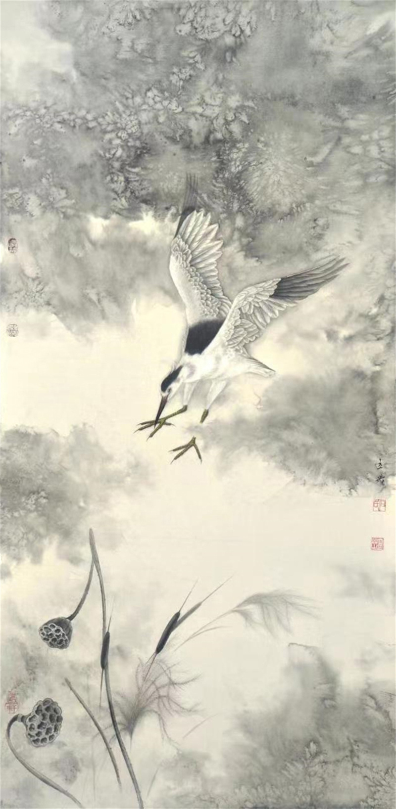 《秋塘闻夜禽》66×130cm