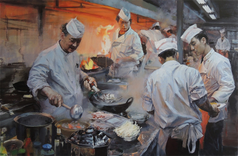 《厨艺无涯》120×180cm 2019年入选第十三届全国美术作品展