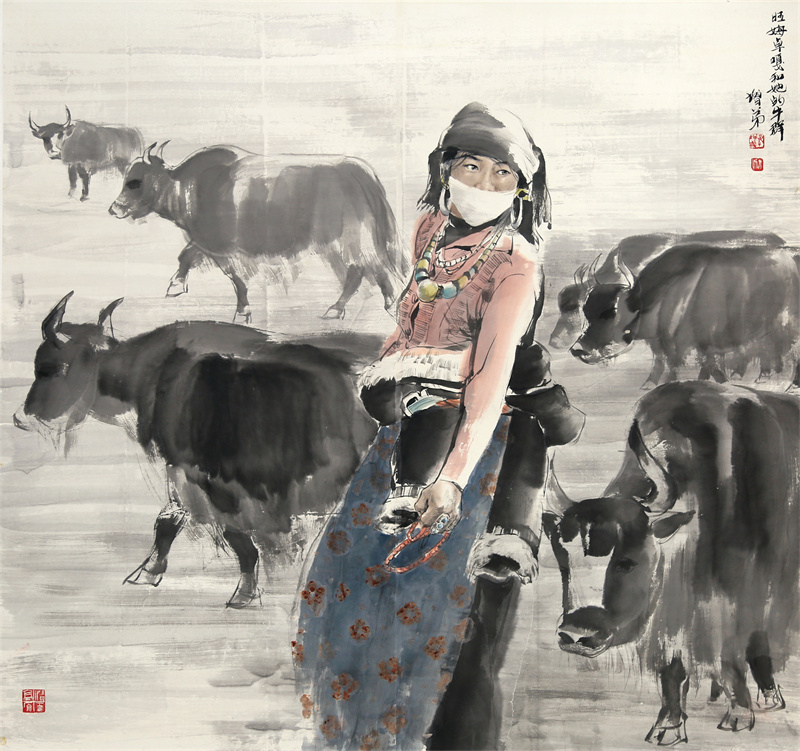 人称画作品《旺姆卓嘎和她的牛群》