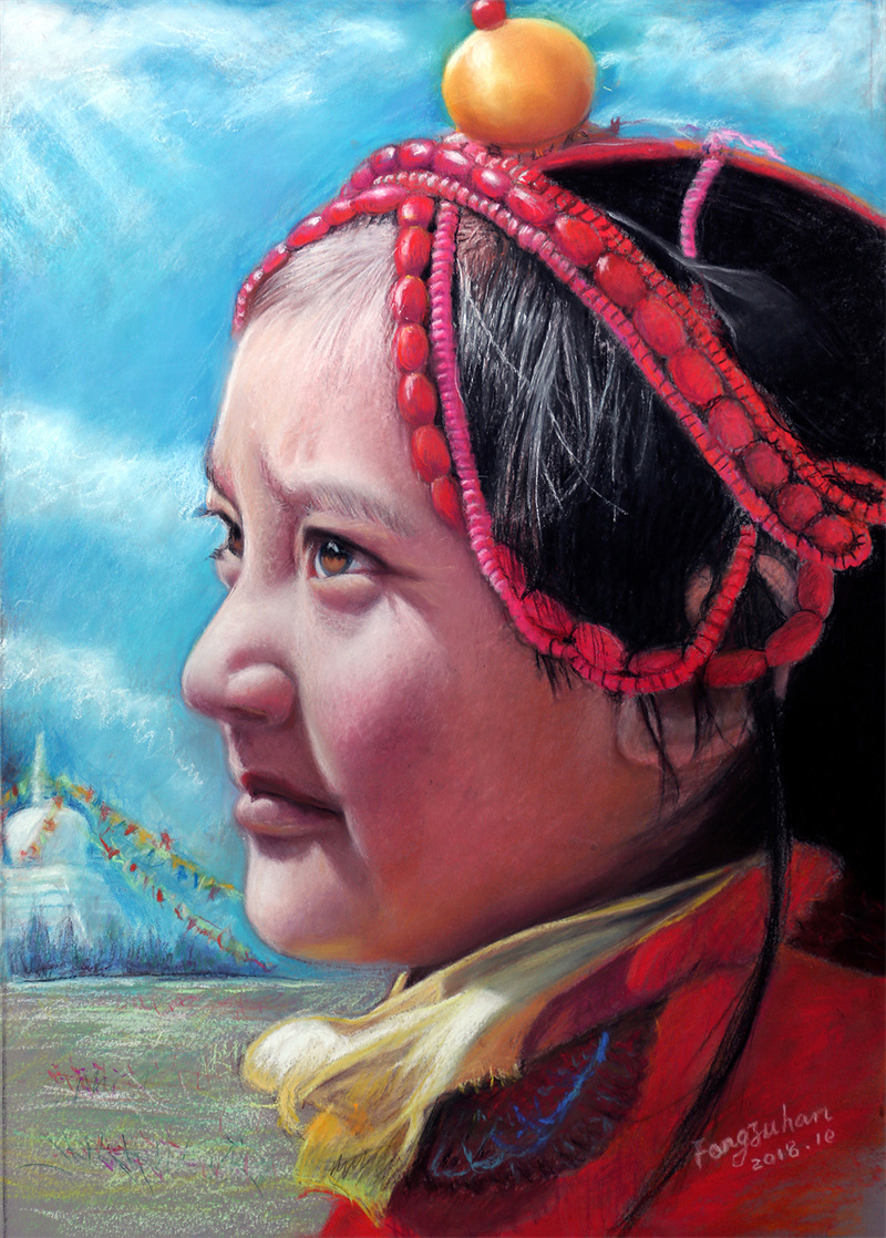 12、《藏族女孩》色粉35×50cm